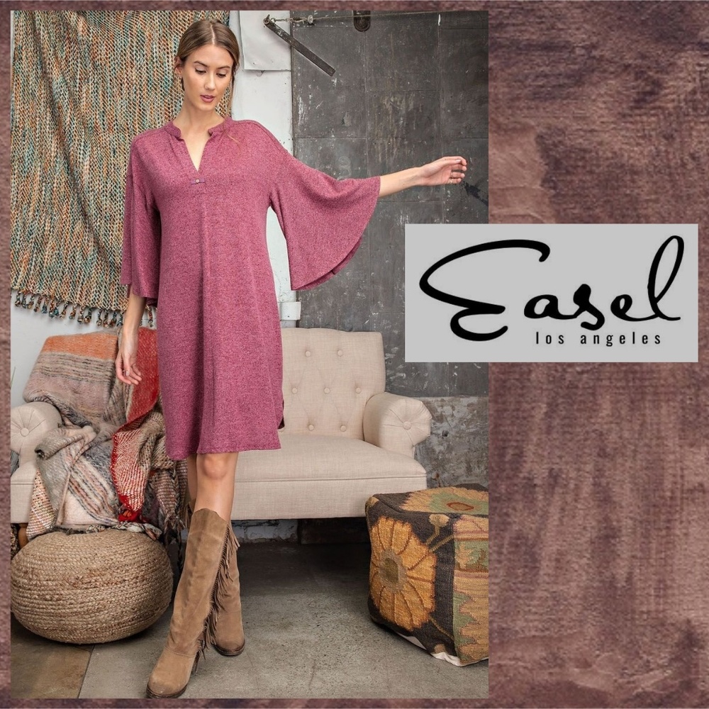 EASEL Hacci Knit Sweater Dress Mandarin Collar V-Neck & Statement Bell Sleeves